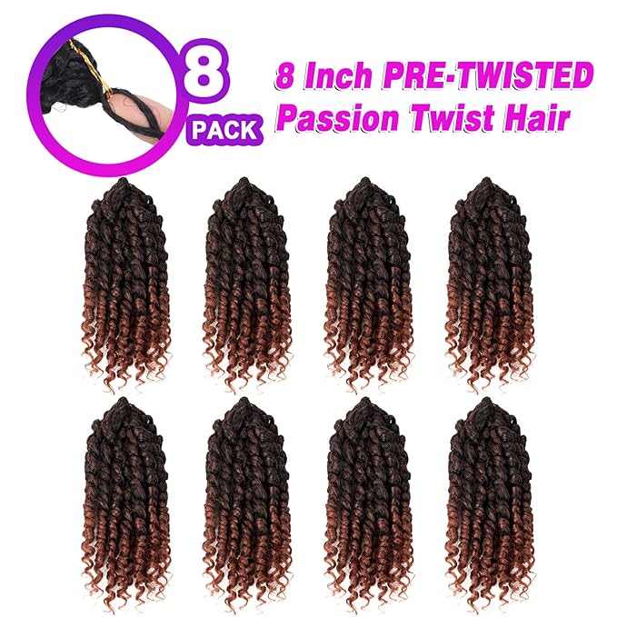 BILEAF 8 Inch Passion Twist Hair 8 Packs Pre-twisted Passion Twist Crochet Hair Pre-looped Crochet Passion Twist Braiding Hair for Women Girls and Kids Bohemian Passion Twists T350