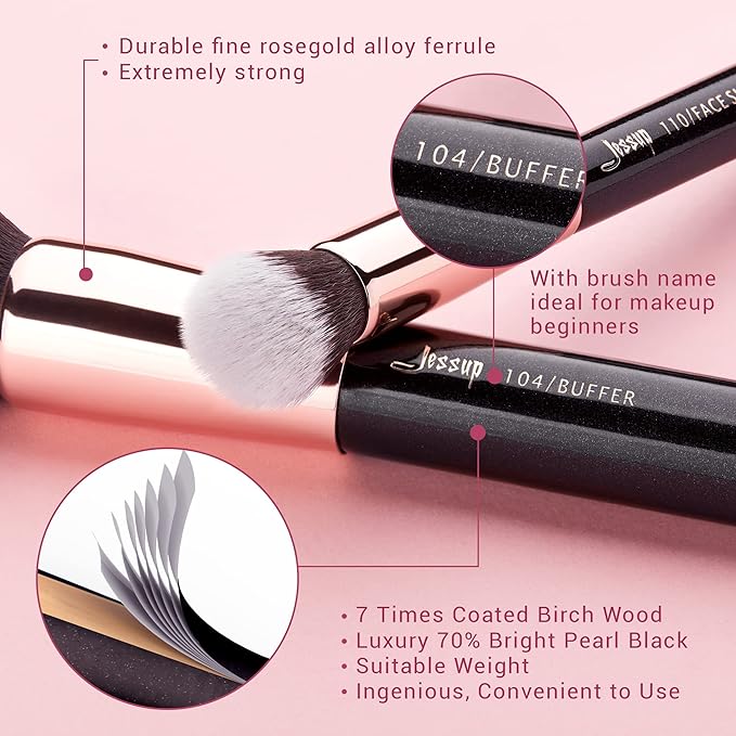 Jessup Makeup Brushes Labeled Makeup Brush Set Premium Synthetic and Natural Hair Foundation Powder Concealer Eyeshadow Blending 15pcs Brush Kit Rose Gold/Black T160