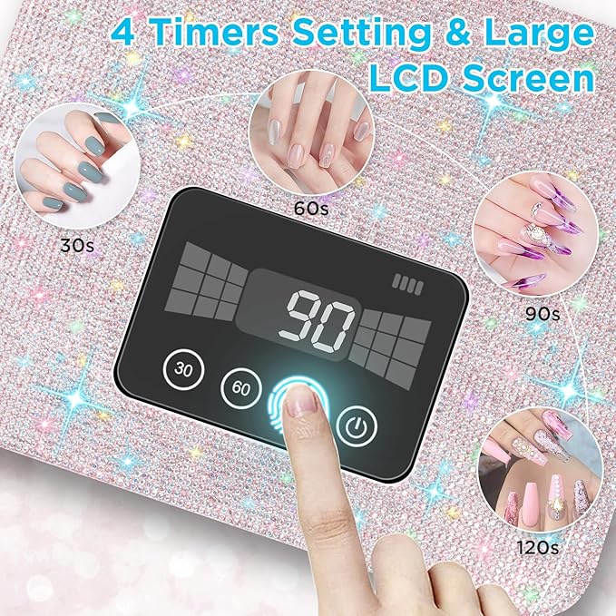 Aedavey Cordless UV Nail Lamp Rechargeable UV Light for Gel Nails LED Nail Lamp with 4 Timer Modes Gel Nail UV Light Decorate with Sparkling Nail Rhinestones (Sparkly White)