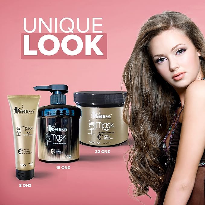 KALIVE Hair Mask for Deep Hydration &amp Repair - 8 oz. Keratin Collagen &amp Wheat Germ - Hair Care Products for Dry Damaged Hair.