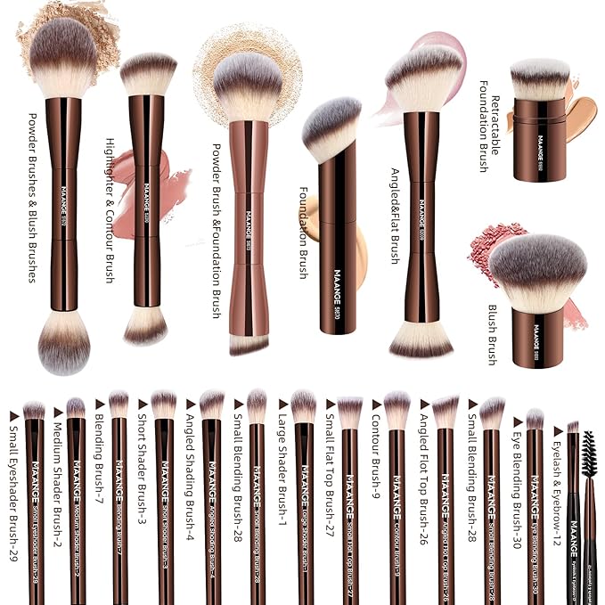 MAANGE 20 Pcs Makeup Brushes with Gift Box Double-End Multi-functional Makeup Brushes for Blending Liquid Powder Concealer Cream Blush BuffeCoffeeBrown