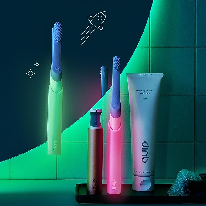 Quip Sonic Toothbrush for Kids with Timer - Includes Extra Brush Head and Travel Cover Mount - Electric Soft Bristle Refill Head Rubber Handle 3 Month Battery Life - Glow in The Dark Green