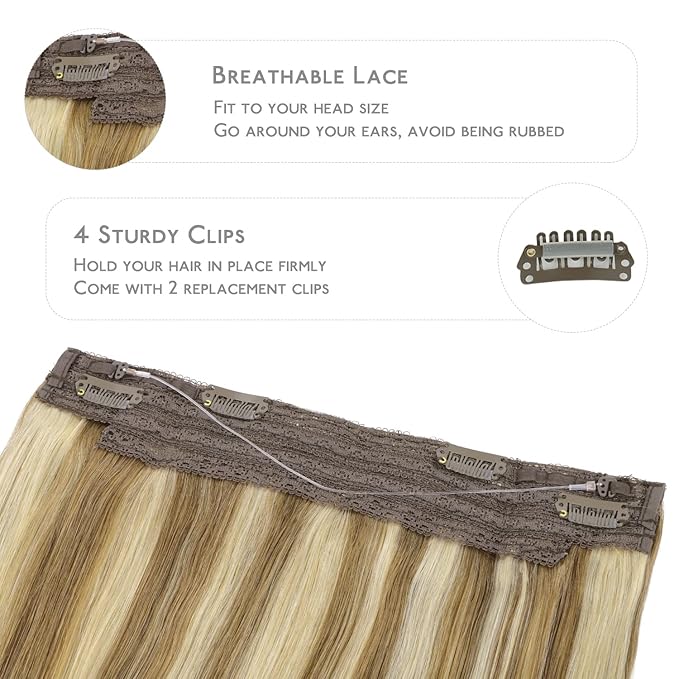 WENNALIFE Wire Hair Extensions (Increase 50% Lifespan) Real Human Hair 12 inch 70g Ash Brown with Platinum Blonde Highlights Remy Hair Invisible Transparent Wire Fish Line Straight Reusable Natural