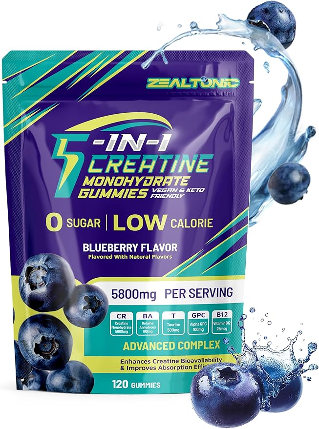 Creatine Monohydrate Gummies 5800mg with Betaine &amp Alpha GPC | 0 Sugar | Pre Workout Energy Booster for Men &amp Women | Muscle Growth &amp Boost Strength &amp Faster Recovery | (120 Blueberry