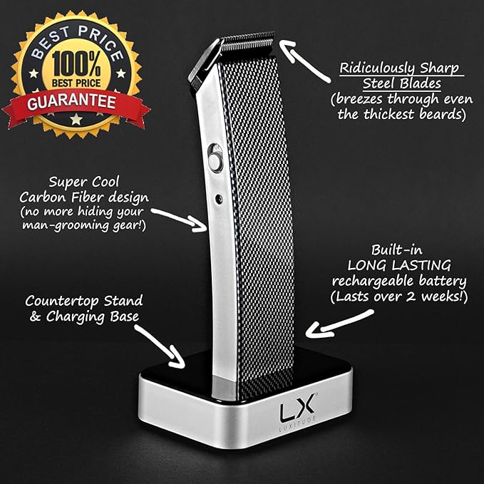Precision Hair Trimmer &amp Body Groomer for Men - 4 Attachments All-in-One Cordless Design Steel Blades &amp Carbon Fiber Finish - Travel Case Included