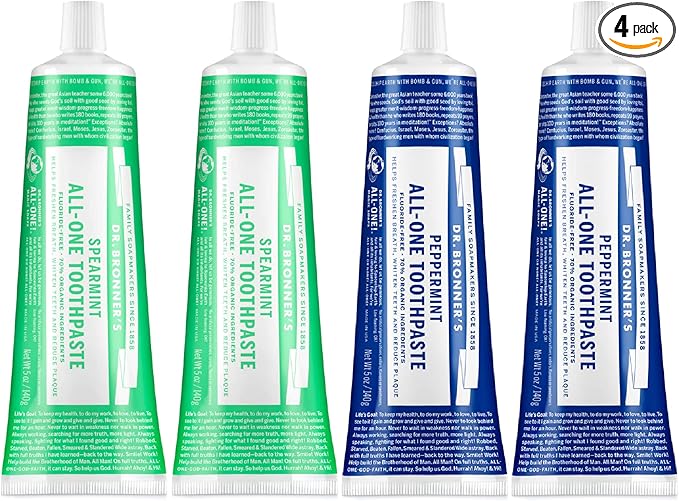 Dr. Bronner?™s - All-One Toothpaste Variety Pack - Peppermint &amp Spearmint 70% Organic Ingredients Fluoride-Free Helps Freshen Breath Vegan (5oz 4-Pack)
