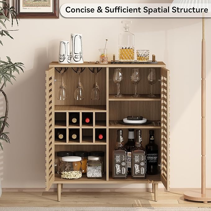Mid Century Bar Cabinet with Wine Racks Modern Liquor Cabinet with Slatted Doors for Dining Room Living Room (Natural Color)