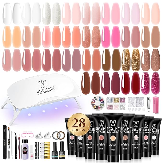 ROSALIND Poly Nail Gel Kit for Beginners - 28 Colors Extension Gel Set with UV/LED Nail Lamp 72 Accessories (Base/Top Coat Nail Forms Tools) Long Lasting Salon Kit for DIY Manicure