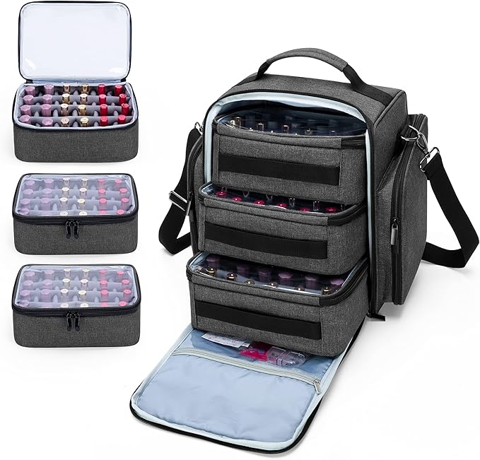 BAFASO Nail Polish Organizer Holds 72 Bottles (15ml - 0.5 fl.oz) Large Nail Polish Case with 3 Removable Pouches and Multiple Storage Sections (Patented Design) Black