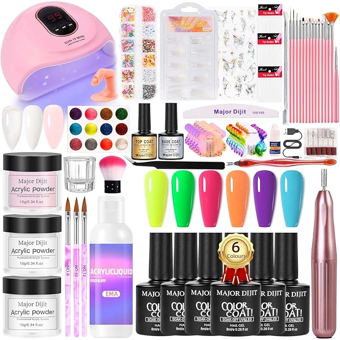 Major Dijit Acrylic Nail Kit with Drill and UV LED Lamp - Starter Set with White Pink Clear Acrylic Powder 6 Macaron Gel Polishes Nail Decorations and Manicure Tools