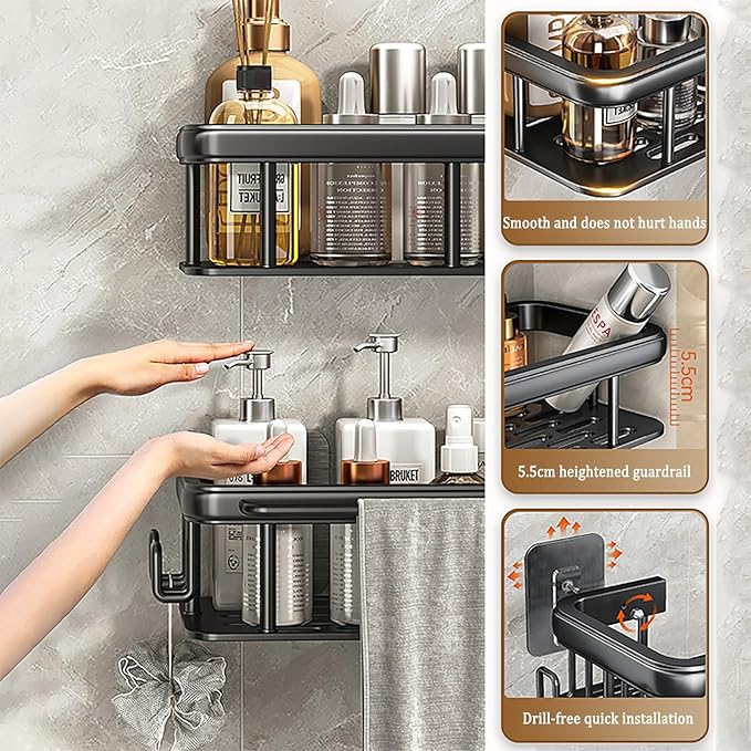 Shower Caddy Adhesive 2Pack with Hooks and Rod for Towels Silver-Premium Bathroom Shower Shelves Shampoo Organizer Rack Storage Bathtub Shelf Rustproof Easy Installation Sturdy Build Sleek Modern Look