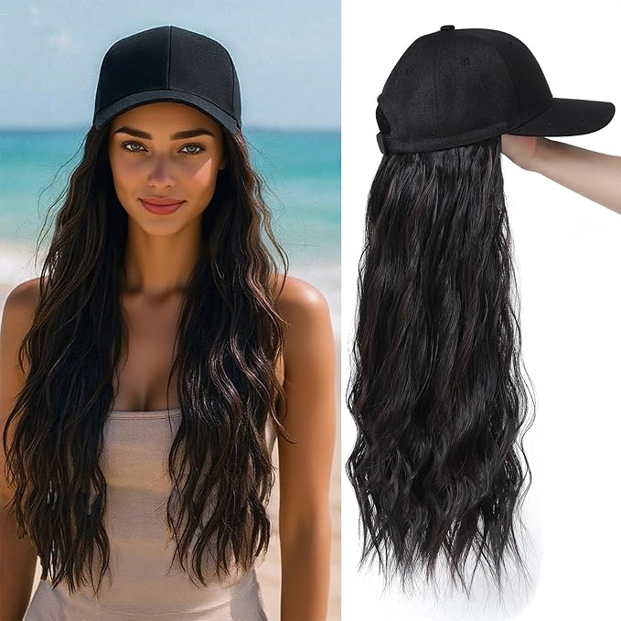 Baseball Cap Wig Hat With Hair Extensions Cap with Heat Resistant Synthetic Fiber Hairpieces attached for Women Girls Adjustable Long Wavy Wig for Daily Outdoor Use (B M1B brown)