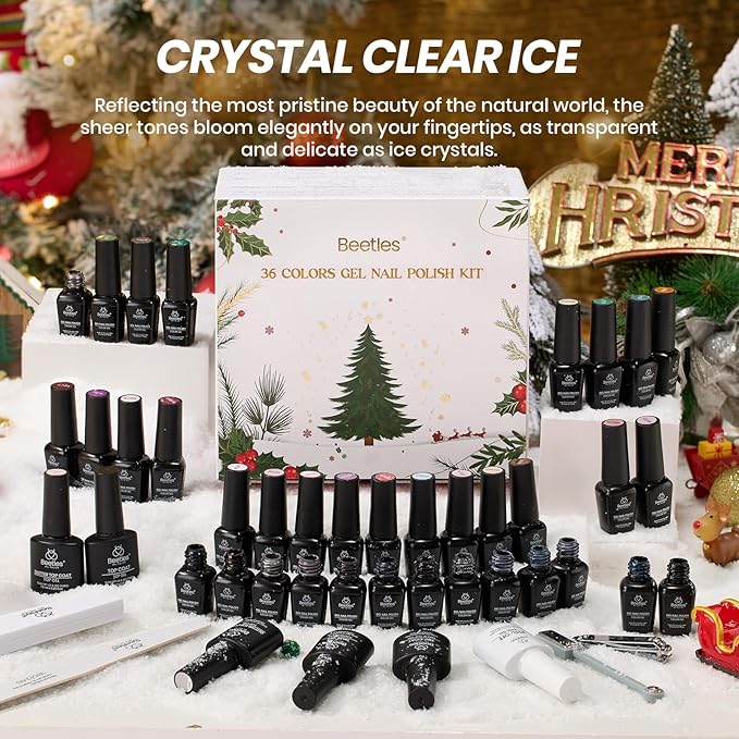 Beetles Frostglaze Veil Jelly Gel Nail Polish Set 53PCS 36 Colors Christmas Gel Nail Kit Nude Pink Milky White Red Black Blue Green Silver Cat Eye Base Glitter Glossy Matte Top Coat Gift for Women