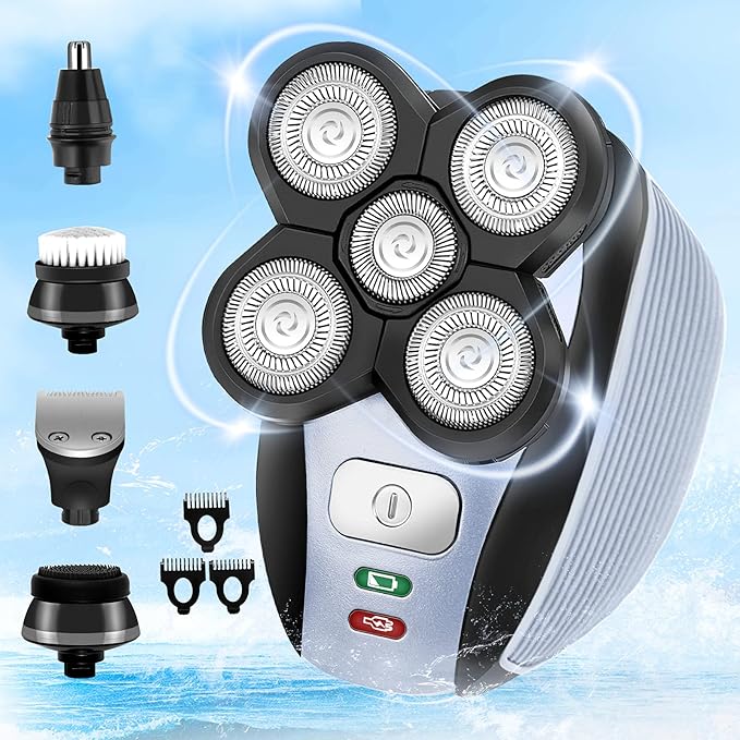 5 IN 1 Head Shaver for Men Electric Razor for Bald Men Cordless Rechargeable Waterproof Black 7 Blades Rotary Foil Head 30 Day Battery Life