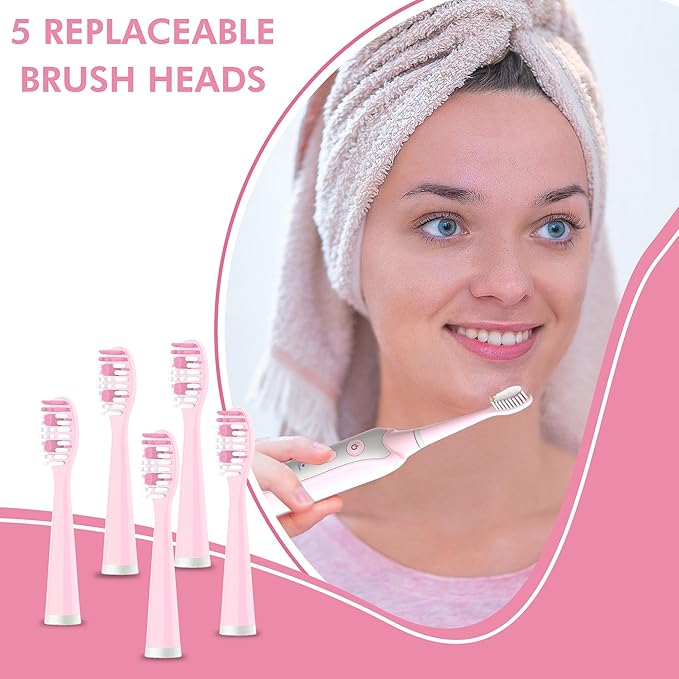 Sonic Electric Toothbrush for Adults with 5 Toothbrush Replacement Heads 3 Brushing Modes &amp 2 Minutes Built-in Timer Travel Toothbrushes with Inductive Charging Rechargeable toothbrush | Pink