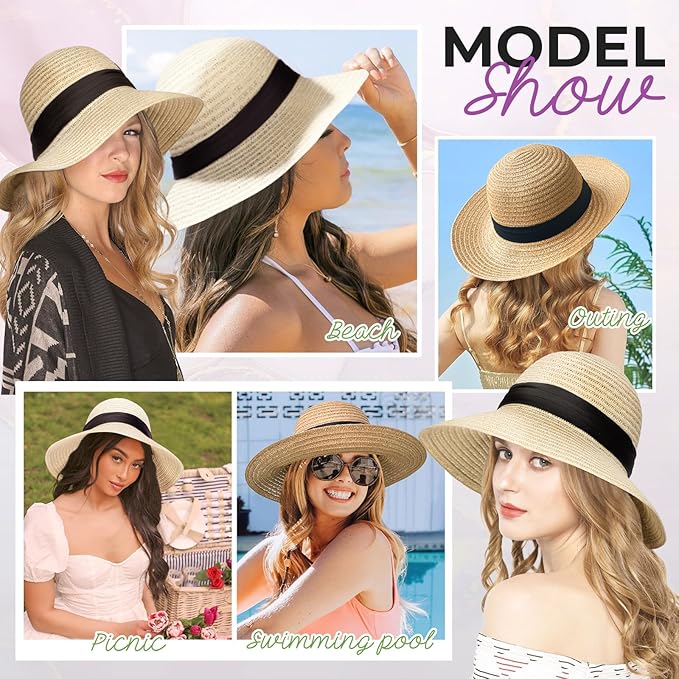Sun Hat Straw Hat Wig Detachable Adjustable Cap with 12 Inch Synthetic Wavy Hair Extensions Foldable for Women Summer Beach Outdoors Dark Black