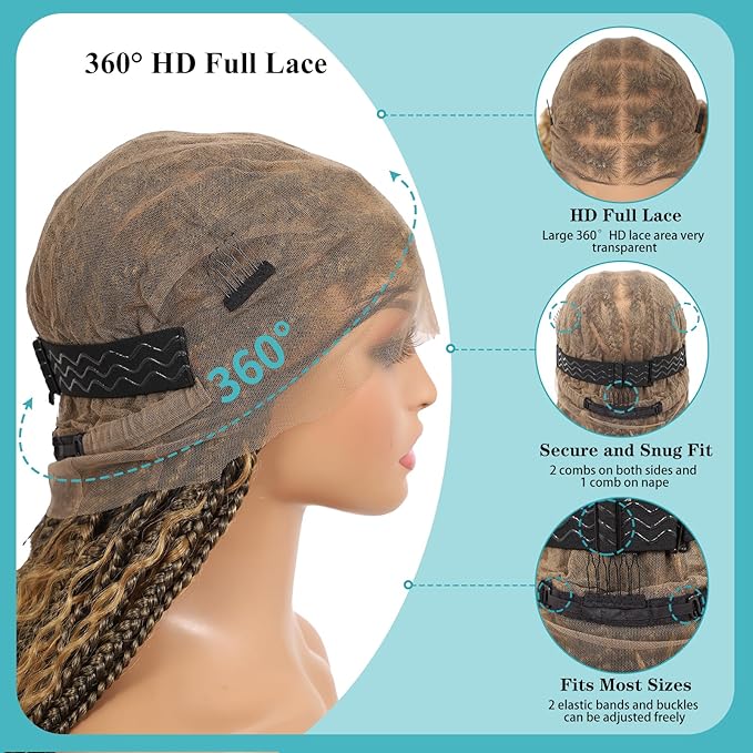 Kalyss HD Full Lace Boho Braided Wigs for Women 360 Lace Front Box Braided Wigs with Baby Hair Light Brown Premium Synthetic Knotless Braid Wig 36