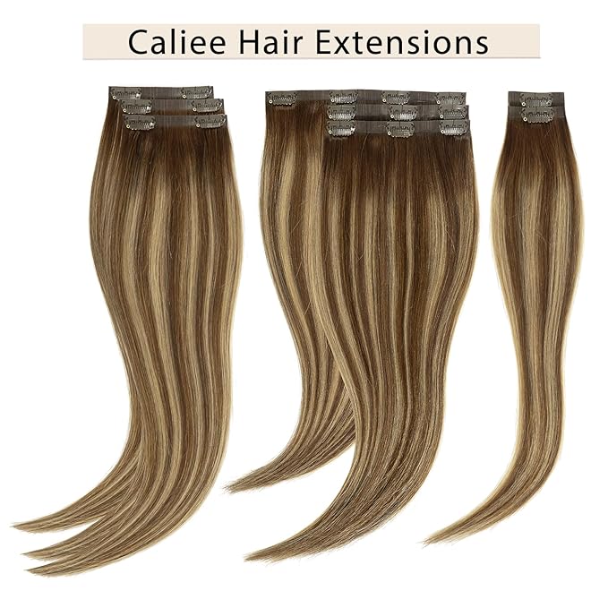 Caliee Balayage Clip in Hair Extensions Real Human Hair Fluffy Not Tangled Seamless Hair Extensions Clip in Human Hair 20 Inch 115G 8Pcs R4-4/27 Chocolate Brown to Caramel Blonde Hair
