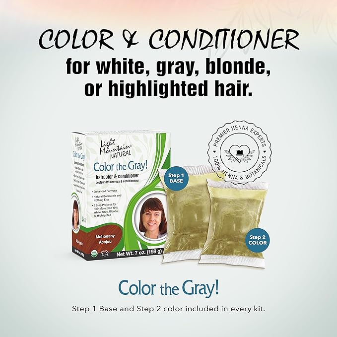 Light Mountain Henna Hair Color &amp Conditioner Color the Gray - Mahogany Hair Dye for Men/Women 2-Step Chemical-Free Semi-Permanent Hair Color for White Gray and Blonde Hair 7 Oz (Pack of 2)