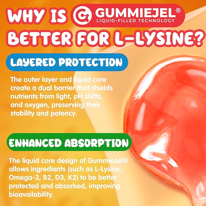 L-Lysine Gummies 500/1000mg with Algae Omega 3 Vitamin B2 D3 K2 C for Kids 9+ Teen &amp Adult Lysine Supplement Support Immune Lip &amp Oral Collagen Production Brain Bone Health Sugar Fr