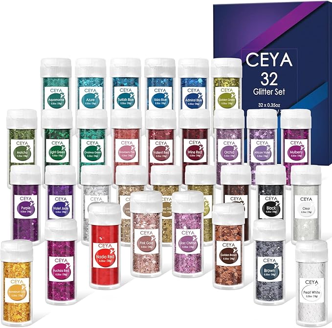 Ceya Chunky Glitter Set 32 Colors 11.28 oz/ 320g Craft Glitter Powder Mixed Chunky Fine Sparkle Flakes Each 15ml Iridescent Nail Sequins for Epoxy Resin Nail Art Tumbler Slime Festival Decor