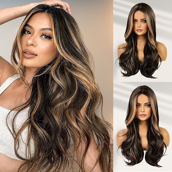 Haoland Brown Blonde Highlight Wigs for Women 26 Inch Long Curly Synthetic Wigs Middle Part Blonde Highlights Hair Wigs Loose Wavy wig Heat Resistant