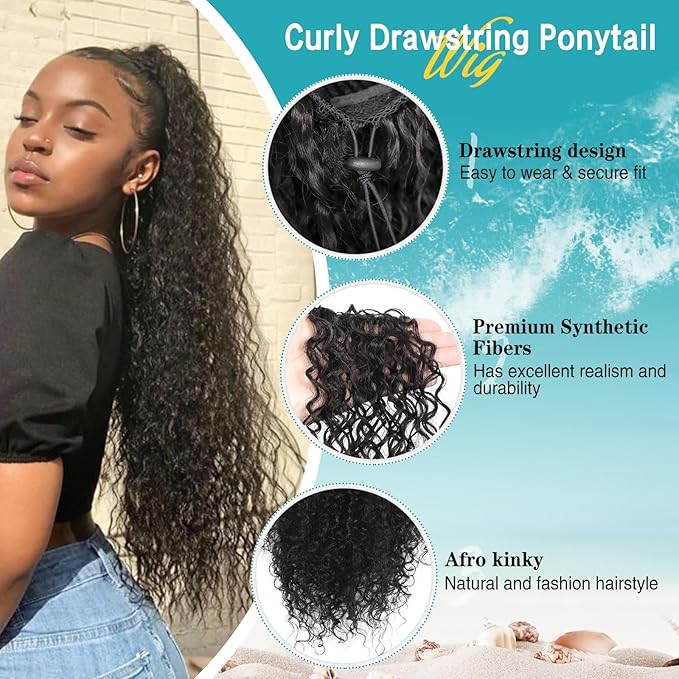 Kalyss Drawstring Ponytail for Black Women Deep Curly Ponytail Extension Synthetic Blended Afro Kinky Curly Pony Tail Hairpieces for Women 27 Inches