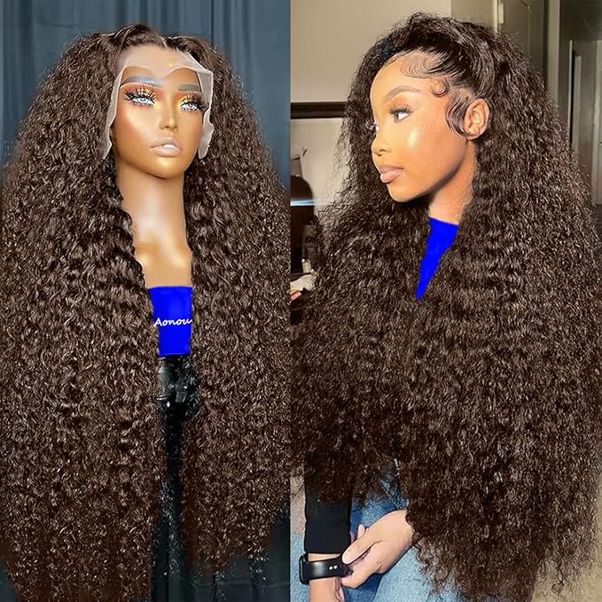 32Inch 220% Density 13x6 Deep Wave Lace Front Wigs Human Hair Chocolate Brown HD Lace Front Wigs Human Hair Pre Plucked Deep Curly Lace Frontal Wigs for Women 100% Unprocessed Brazilian Virgin Hair