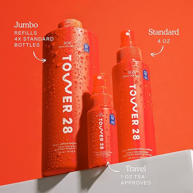Tower 28 SOS Daily Rescue Facial Spray for Sensitive Skin Hypochlorous Acid Spray Helps Reduce Redness and Breakouts Full Size Toner for Face 4 FL Oz