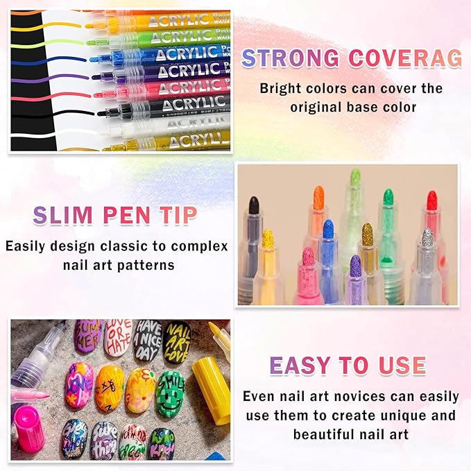 48 Colors Nail Art Pens Set Nail Polish Pens Nail Art Drawing Graffiti Marker Pen Quick Dry Waterproof Nail Art Painting Pens Kit for Home DIY Nail Art Design
