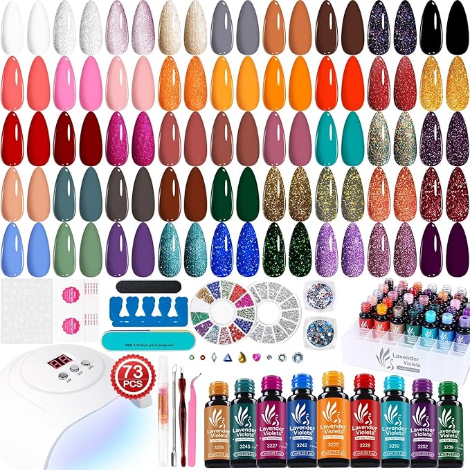Lavender Violets 73 Pcs Gel Nail Polish Kit with U V Light 45 Colors with Nail PrimerBuilder BaseMatte &amp Glossy Top Coat Soak Off Manicure Tools Gifts for Women LA06