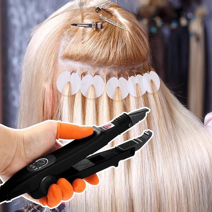 Hair Extensions Iron Fusion Keratin Hair Extensions Heat Tool Heat Connector Wand with Fusion Glue Protector Template Hair Clip Finger Protector 2 Bag Keratin Glue Granule Bead(Black)