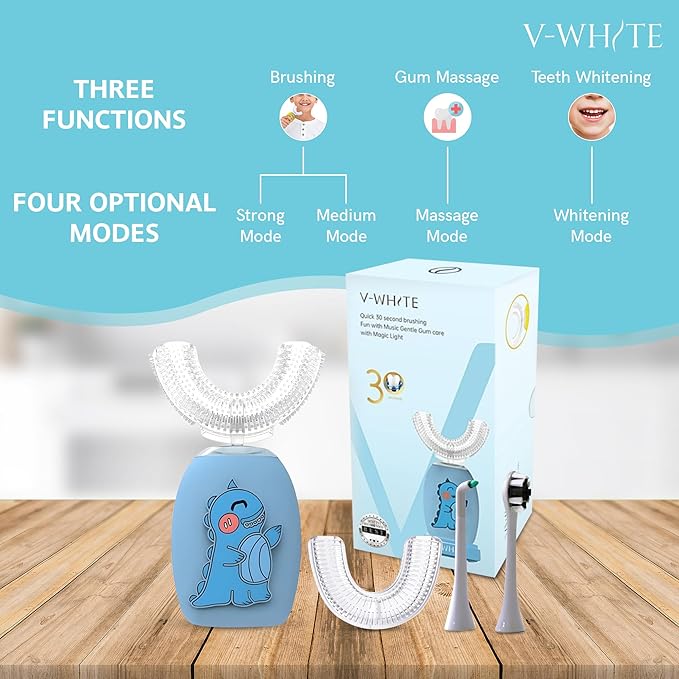 V-WHITE Electric Toothbrush Kids- Ultrasonic U-Shaped Toothbrushes for Teeth Whitening - 360° Mouth Cleansing Hands Free Gums Protection - Wireless Charging &amp LED Light - Waterproof IPX7 Certifie