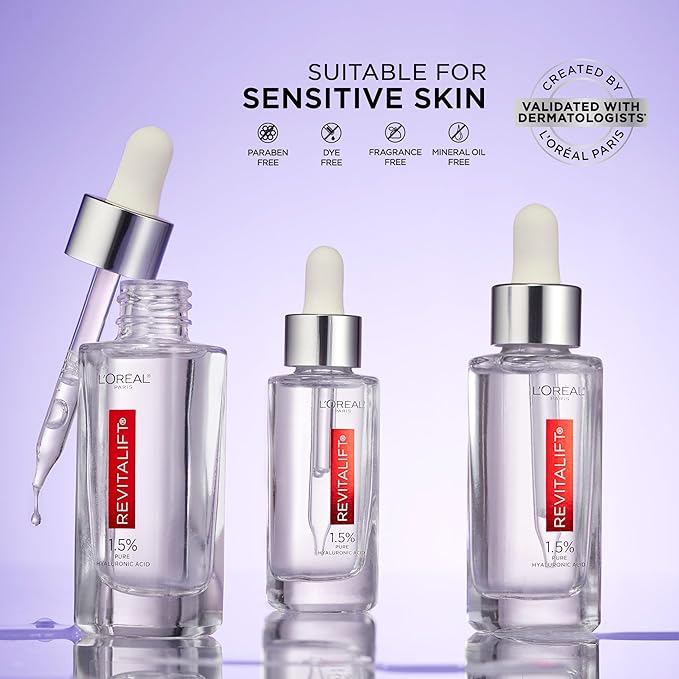 L'Oreal Paris Revitalift 1.5% Pure Hyaluronic Acid Serum for Face Anti Aging Serum to Hydrate Skin &amp Reduce Wrinkles Fragrance Free Skin Care for All Skin Types 1 Oz