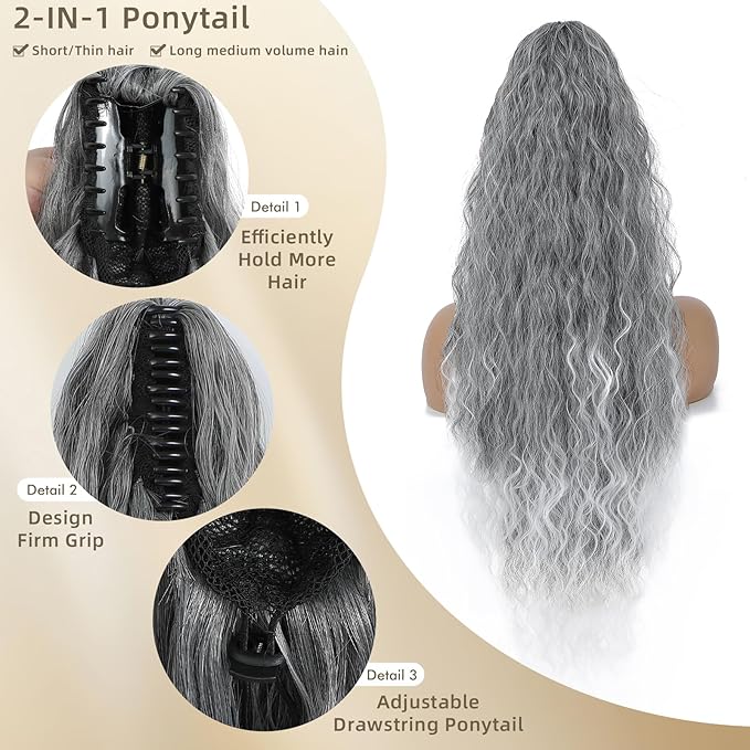 Claw Clip in Ponytail Extension 30 Inch Long Wave Curly Pony Tail Hair Extensions for Women fluffy Natural Looking Synthetic Hairpiece for Daily Use(Omber Grey 30Inch)