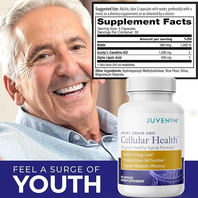 Juvenon Cellular Health | Heart Brain Supplement with Acetyl L-Carnitine and Biotin - Supports NAD+ Function Energy Production Mood Revitalized Metabolism Mental Focus &amp Clarity (90 Capsules)