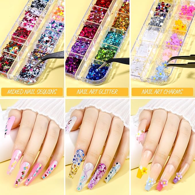 Teenitor Press On Nail Kit - Clear Coffin Nail Tips Art Brushes Dotting Pen Glitter Stickers &amp Rhinestones
