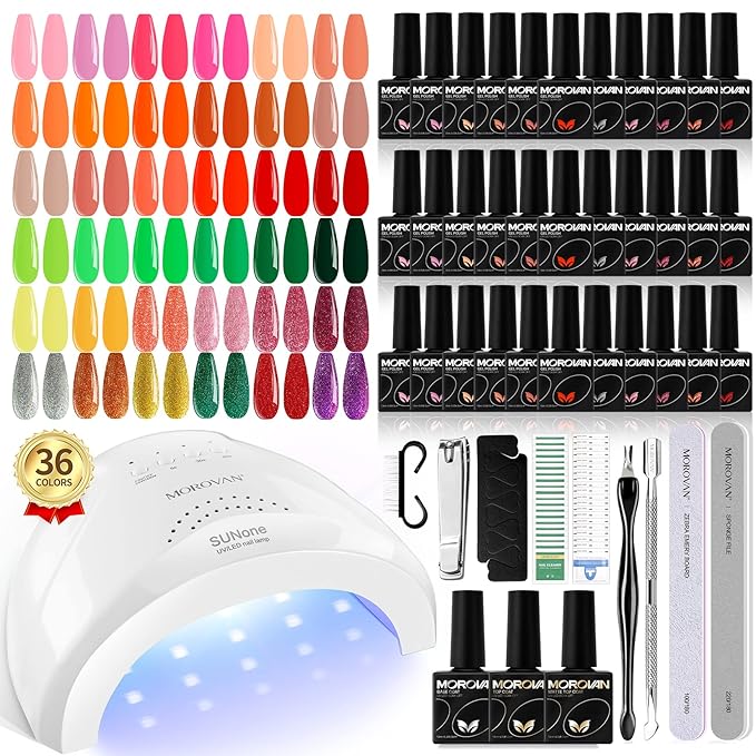 Morovan Gel Nail Polish Set - 36 Colors With UV Light 48W Lamp Base &amp Top Coats Tools Pure &amp Glitter Soak Off Kit Large Capacity Manicure Starter Set Gifts for Women
