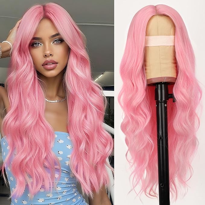 AISI HAIR Pink Wig for Women Long Wavy Lace Hairline Middle Part Synthetic Wig for Daily Party-26 Inch