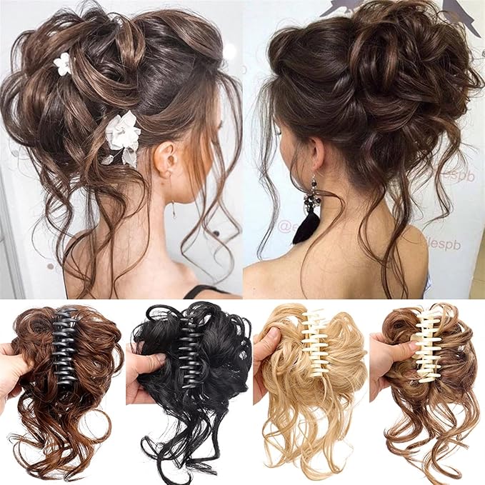 Hair Accessories Synthetic Bun Hair Clips Messy Bun Ponytail Extensions Wavy Curly Bun Claw Clips Wigs for Women Hair Bun Hair Pieces For Women(1Pcs-10)
