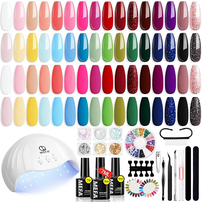 MEFA 56 Pcs Gel Nail Polish Kit with U V Light 32 Colors Hot Pink Colorful Gel Nail Kit Glitter nail Polish Set Nail Art Decorations Manicure Tools DIY Gifts