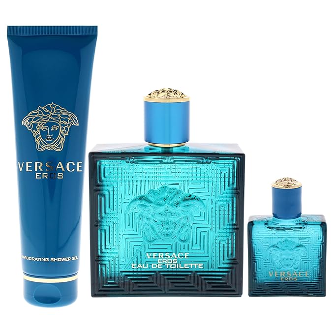 Versace Eros by Versace for Men - 3 Pc Gift Set 3.4oz EDT Spray 0.17oz EDT Spray Vial (Mini) 5oz Shower Gel