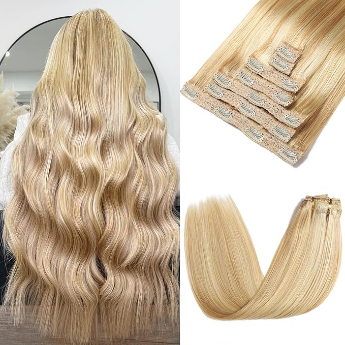 Clip in Hair Extensions Real Human Hair - 24 Inch 7pcs Dirty Blonde to Bleach Blonde Highlight Color - Soft Human Hair Clip in Extensions Straight for Women (24 Inch)