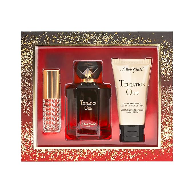 Tentation Oud Gift Set - Amber Spicy Gourmand Fragrance - Women Perfume and Body Lotion - Notes of Saffron Jasmine and Oud - 3 pc