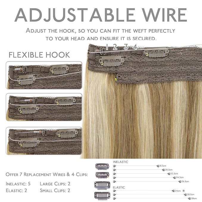 WENNALIFE Wire Hair Extensions (Increase 50% Lifespan) Real Human Hair 12 inch 70g Ash Brown with Platinum Blonde Highlights Remy Hair Invisible Transparent Wire Fish Line Straight Reusable Natural