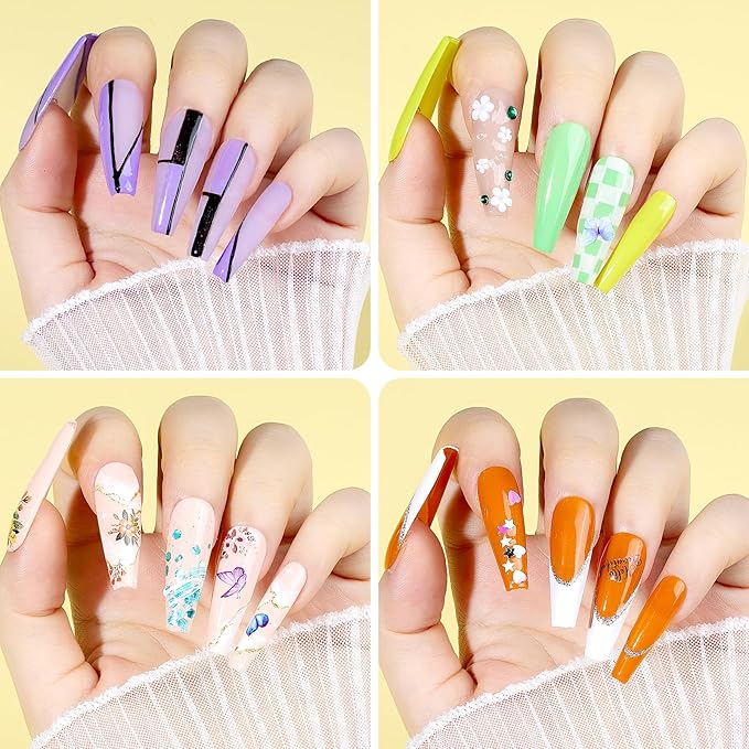Teenitor Press On Nail Kit - Clear Coffin Nail Tips Art Brushes Dotting Pen Glitter Stickers &amp Rhinestones