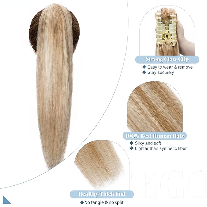 SEGO Claw Clip Ponytail Extension Human Hair Clip in Ponytail Hair Extensions Real Human Hair Pony Tails Hair Extensions Long Straight For Women -16 Inch Golden Brown&ampBleach Blonde 105 Gram