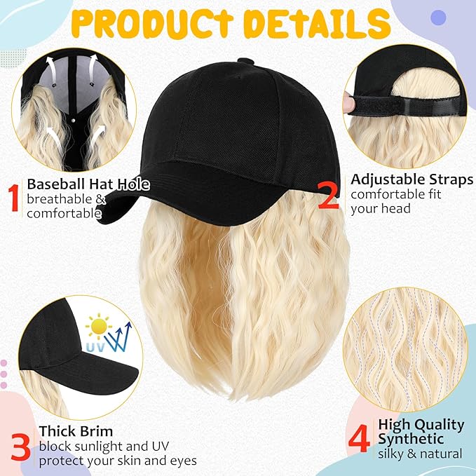 Baseball Hat WigHat with Hair attached 16'' Adjustable Black Cap with Wavy Curly Synthetic Bob Hair Extensions for Women Girls(Bleach Blonde)