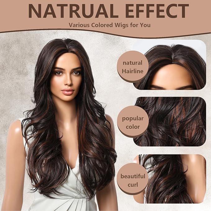 Brown Highlight Wig 26 Inch Long Wavy Wigs for Women Middle Part Synthetic Hair Wavy Wig with Upgraded StrandsNatural Hair Wig for Daily Party Date Use
