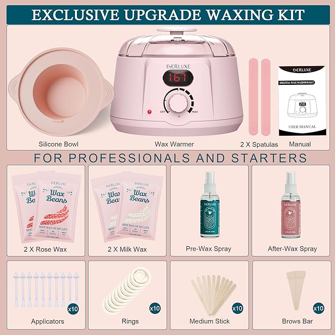 Waxing Kit for Women Hair Removal with Silicone Wax Warmer Liner Digital Waxing Machine Hard Wax Kit for Full Body Arms Legs Face Bikini Brazilian Wax Kit for Women Men Sensitive Skin